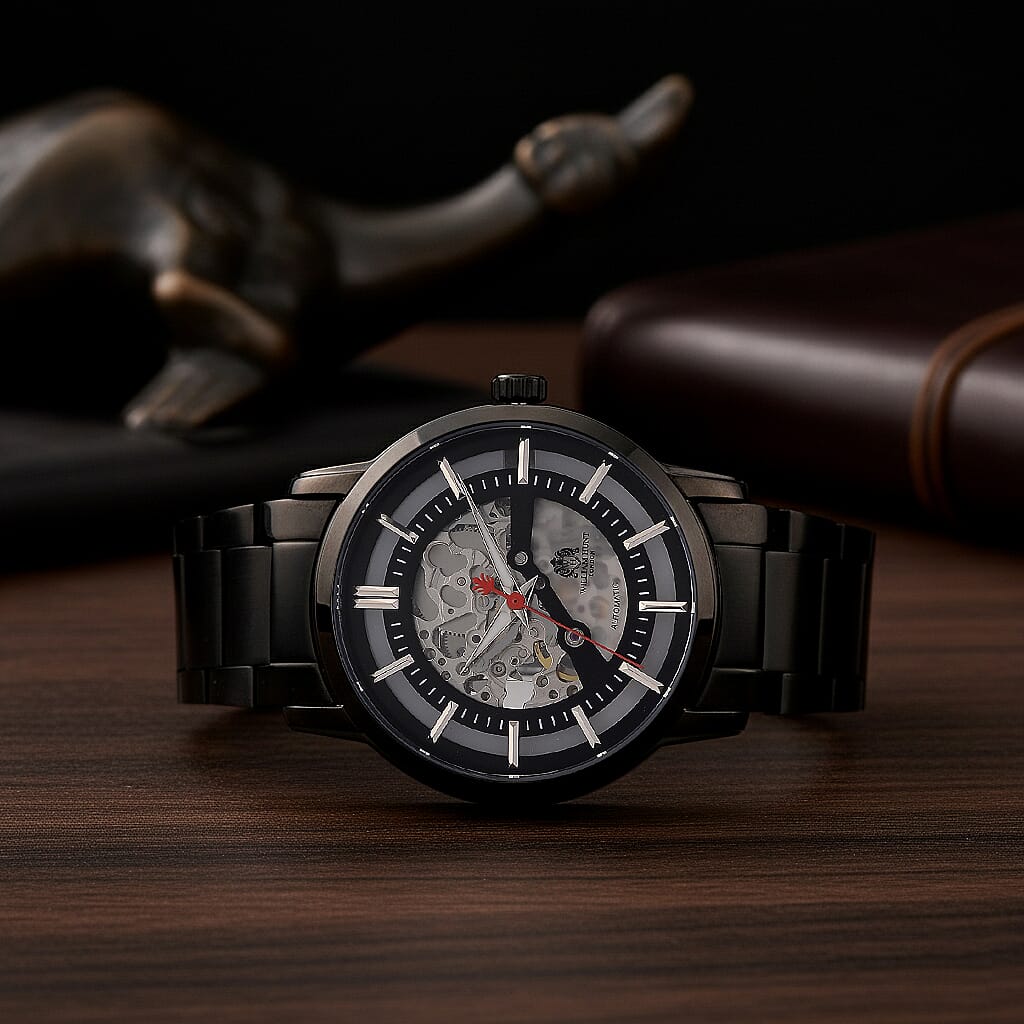 William Hunt London Limited Edition Automatic Skeleton Watch With 5 ATM Water Resistancy, Exhibition Back and Butterfly Buckle Clasp - 42MM Dial - Black